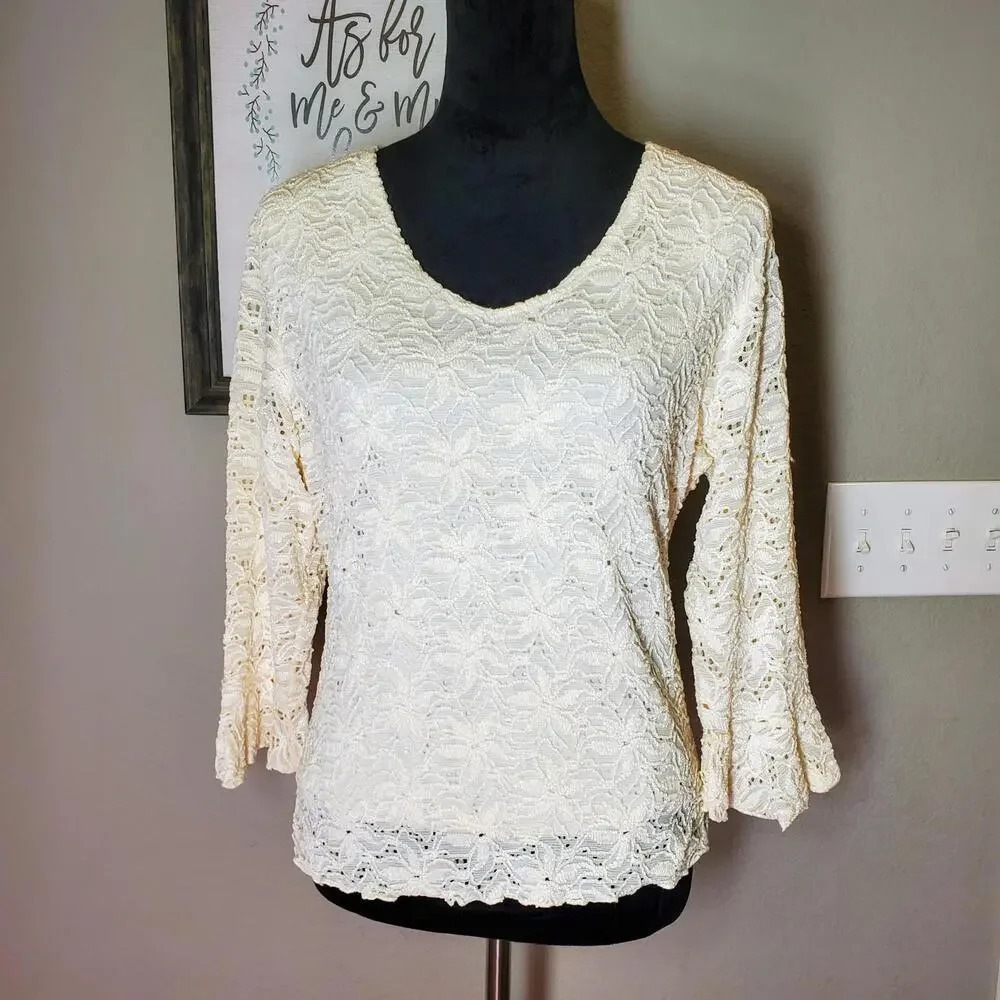 Brittany Black Vtg 90s/Y2K Stretchy Lacey Long Sleeve Lined Top Ivory S/M - Picture 2 of 12
